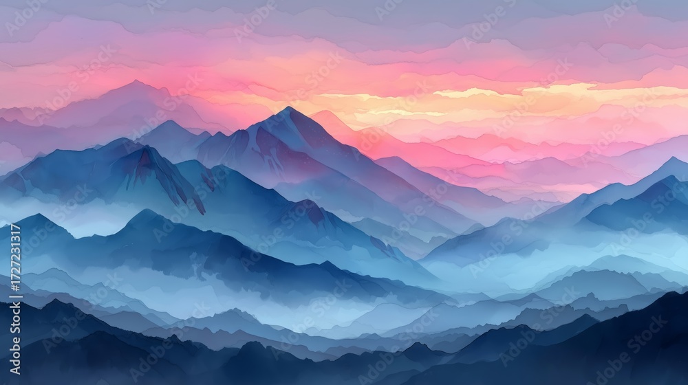 Obraz premium Surreal watercolor illustration of a mountain range shaped like sleeping giants, surrounded by ethereal mist and glowing cinematic skies