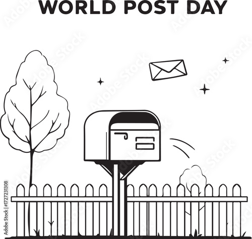World Post Day illustration with mailbox, flying letter, picket fence, trees, and sparkles — black and white line art
