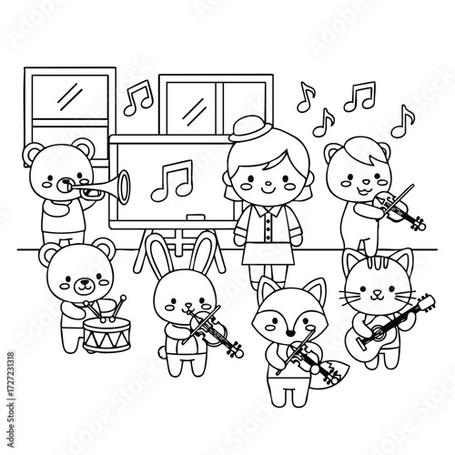 A cheerful group of adorable animals and a person playing various musical instruments in a lively setting.