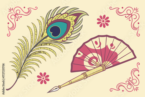  peacock feather, traditional indian fan, gold paint brush, calligraphy, traditional indian patterns, colorful, vibrant, intricate details, ornate, decorative