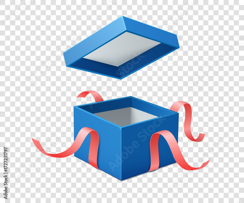 Open gift box with ribbon isolated on a light background. Vector 3D illustration.
