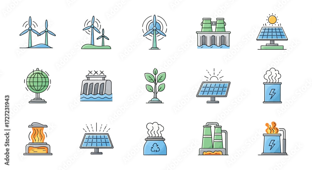 Naklejka premium Renewable Energy Icon Set: A collection of diverse and vibrant icons representing various sources of renewable energy, ideal for conveying concepts of sustainability and environmental consciousness.