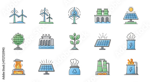 Renewable Energy Icon Set: A collection of diverse and vibrant icons representing various sources of renewable energy, ideal for conveying concepts of sustainability and environmental consciousness.