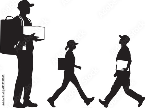 Black and white illustration of three delivery workers carrying packages — urban logistics and courier silhouettes in motion