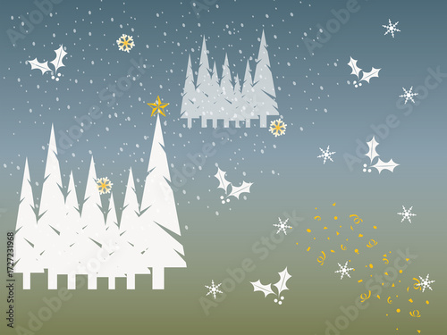 Snowy Christmas Forest with Holly - Minimal winter illustration of white fir trees, snowflakes, and gold confetti on a gradient sky : ideal for festive backgrounds, cards, or seasonal ads.