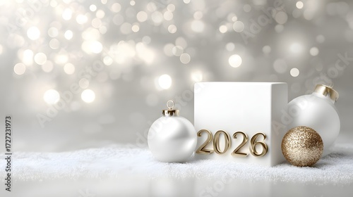 Happy New Year 2026 on a white background.  New Year greeting card with Christmas baubles. 
