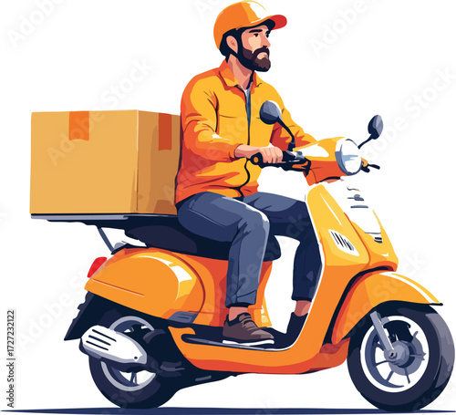 Orange scooter delivery rider illustration with matching uniform and cargo box — modern urban logistics and transport