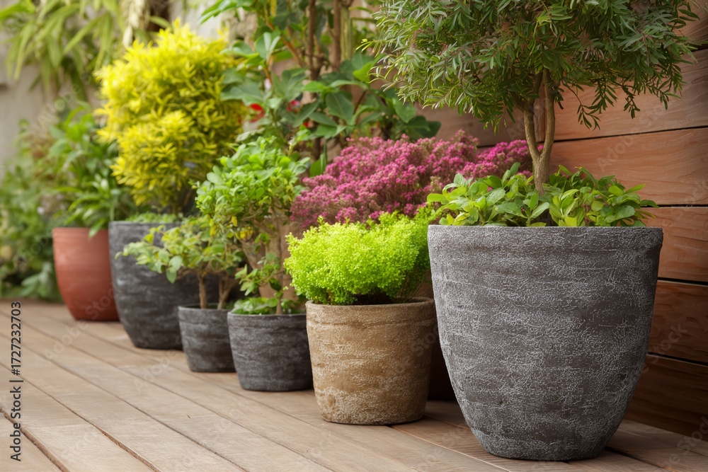 Fototapeta premium Row of potted plants are lined up on a wooden deck