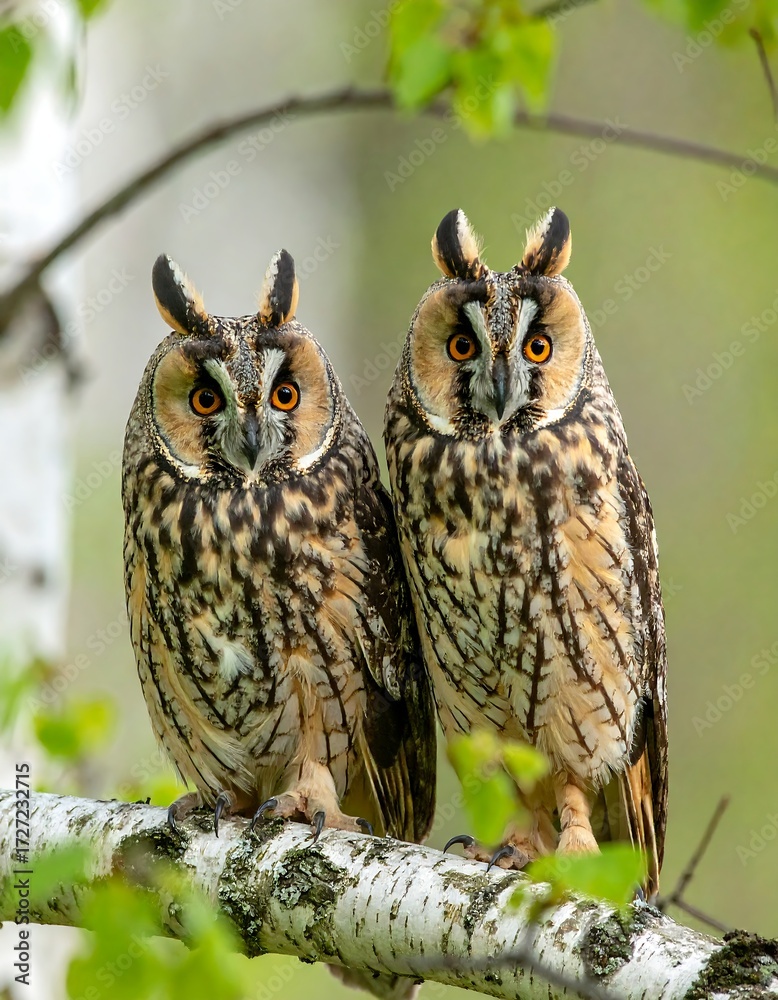 Obraz premium Two owls perched on branch