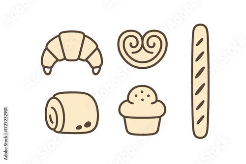 Assortment of popular breakfast pastries and bread, featuring croissant, palmier, muffin, and baguette