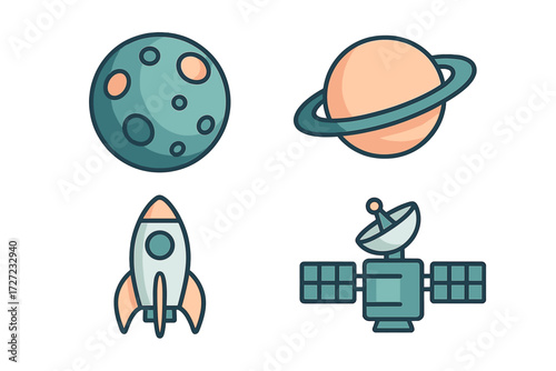 Colorful space exploration elements featuring planets, a rocket ship, and an orbiting satellite in a vibrant set