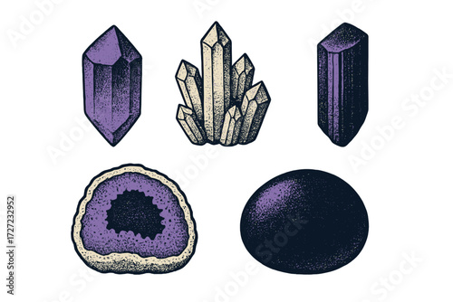 Set of diverse natural crystals, raw minerals, and polished gemstones including amethyst geode and quartz clusters