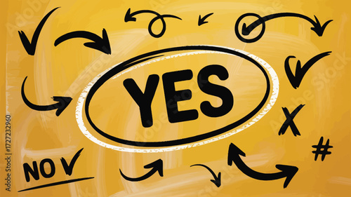 Decision making process with illustrated yes encircled and arrows pointing to acceptance, perfect for illustrating choices, options, and positive outcomes in business and life