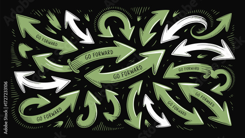 Motivational hand-drawn arrows pointing forward symbolize progress, direction, and growth, perfect for business, success, and moving ahead in a dynamic, energetic way