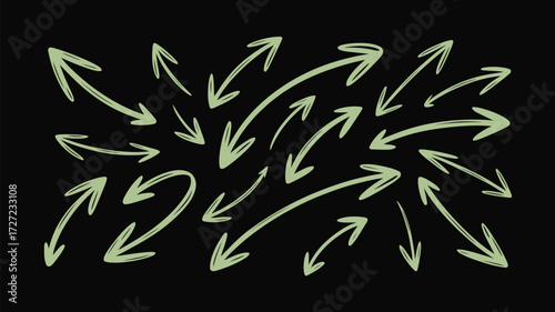 Dynamic sage green arrow collection pointing directions, perfect for presentations and user interface design, showing paths and guidance, great for wayfinding and creative projects