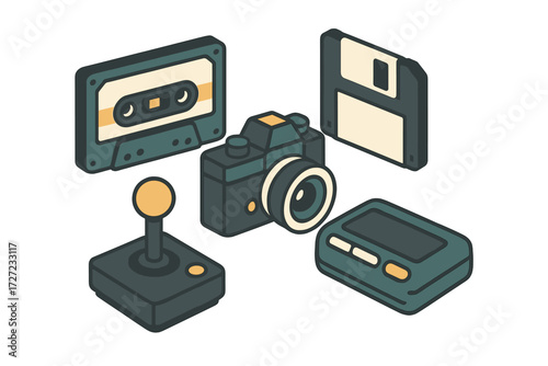 Vintage electronic devices collection: cassette tape, floppy disk, camera, joystick, pager in isometric style