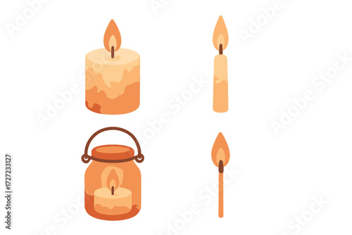Burning candles, a candle in a decorative lantern, and a lit matchstick casting warm light in a cozy atmosphere