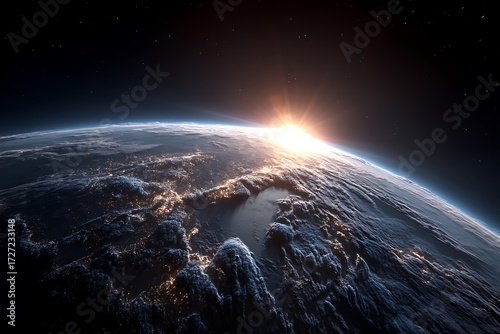Wallpaper Mural Planet Earth rotating in space, showing a view of city lights at night with the sun rising over the horizon, evoking a sense of global unity. Torontodigital.ca