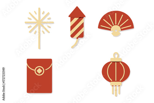 Traditional Chinese New Year celebration elements set with festive cultural symbols and decorations