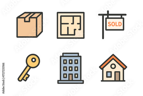 Real Estate Property Management and Home Ownership Transaction Elements with Moving Box Key and Sold Sign
