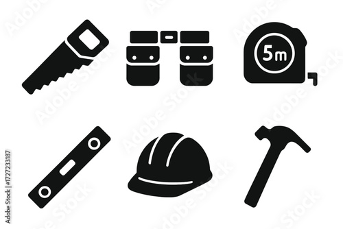 Essential construction and DIY tools including saw, hammer, hard hat, tape measure, level, and tool belt