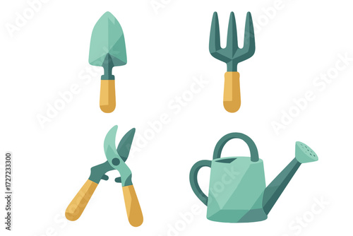 Essential gardening tools set including a trowel, hand fork, pruning shears, and watering can for home garden care