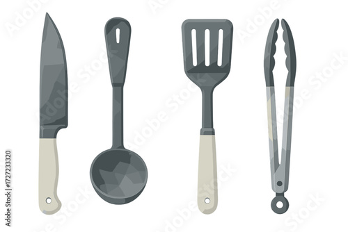 Modern kitchen cooking utensils set including a chef's knife, soup ladle, slotted spatula, and food serving tongs
