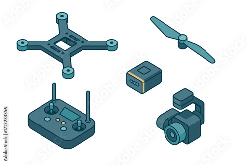 Drone parts and accessories set including frame, propeller, battery, remote control, and camera gimbal for aerial photography technology