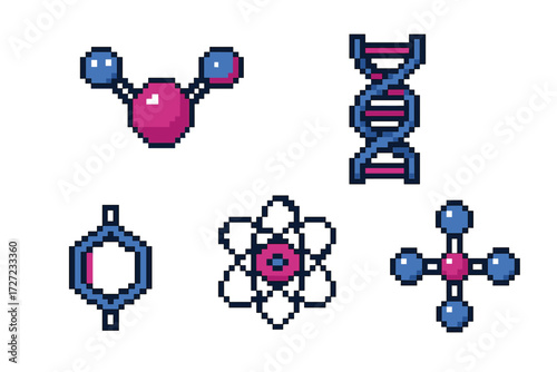 Pixelated scientific symbols featuring DNA helix, atomic structures, chemical bonds, and molecular diagrams