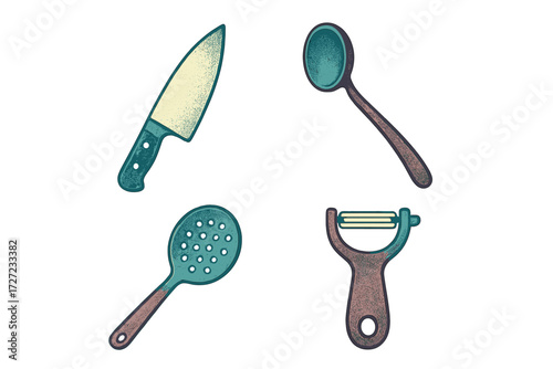 Essential kitchen cooking utensils and culinary tools set featuring a chef's knife, ladle, slotted spoon, and vegetable peeler