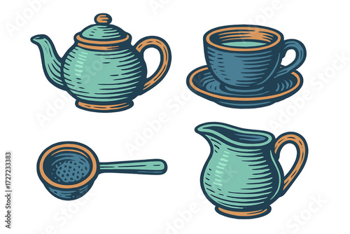 Charming retro kitchenware collection featuring a teapot, teacup, creamer, and tea strainer for serving hot beverages