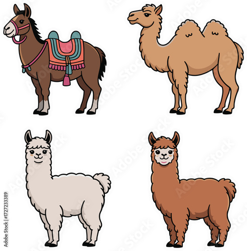 set of vector Mule, Camel, Llama, Alpaca on white background