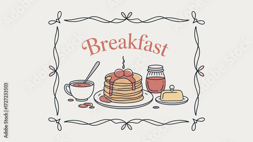 Indulge in a delightful breakfast scene with fluffy pancakes, sweet syrup, and steaming coffee, perfect for menu designs, recipe illustrations, and charming food-themed projects