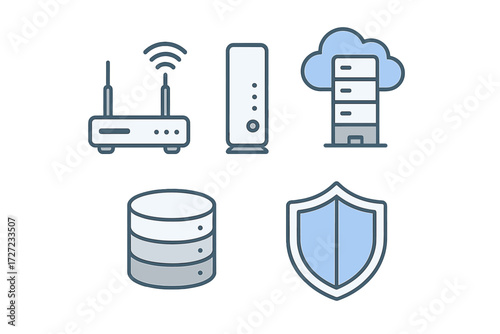 Modern technology and network security icons set depicting cloud server, database, internet router, and shield