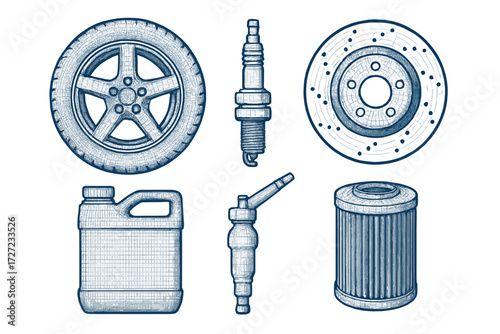 Automotive spare parts collection including tire, spark plug, brake disc, oil can, ignition coil, and oil filter