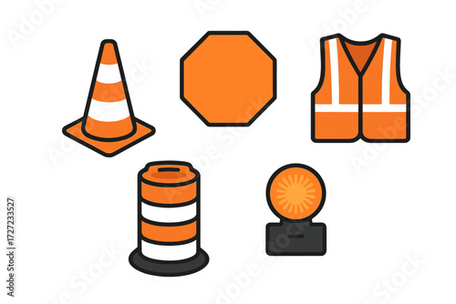 Set of essential road safety equipment and construction site warning elements including traffic cone, barrel, safety vest, stop sign, and flashing light