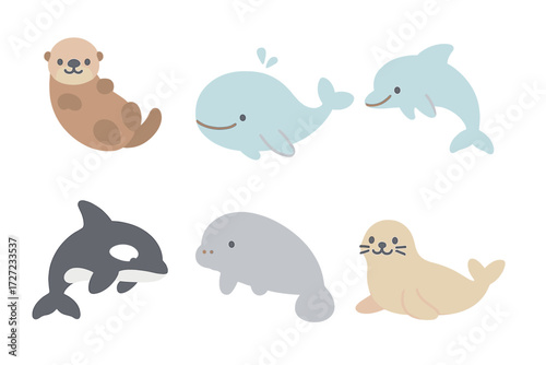 Adorable collection of diverse marine animals featuring a sea otter, blue whale, common dolphin, killer whale, manatee, and harbor seal