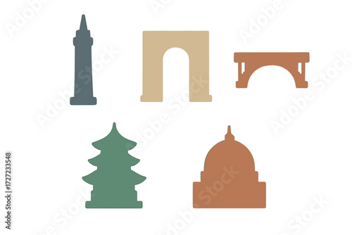 Minimalist graphic representation of famous international architectural landmarks and historical monuments for travel themes