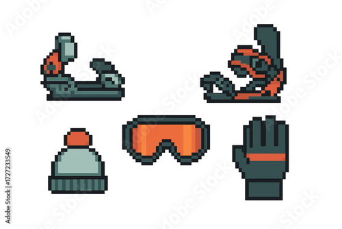 Winter sports equipment set featuring snowboard bindings, ski goggles, warm beanie, and protective glove in pixel art style