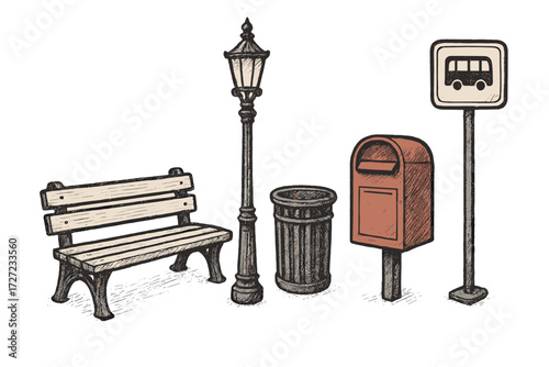 Collection of urban street furniture elements including a park bench, lamppost, trash can, mailbox, and bus stop sign