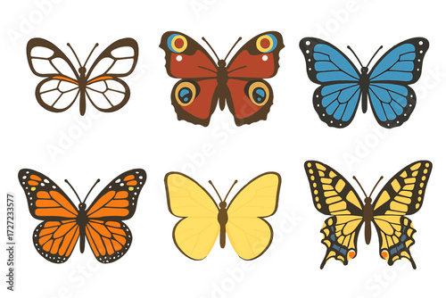 Vibrant collection of colorful butterflies with intricate wing patterns, showcasing various species and vibrant hues for nature designs