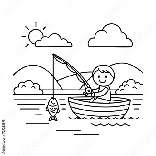 A cheerful child fishing from a small boat on a serene lake surrounded by mountains and fluffy clouds.