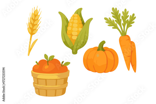 Autumn harvest produce collection with fresh fruits and vegetables including pumpkin corn wheat and apples