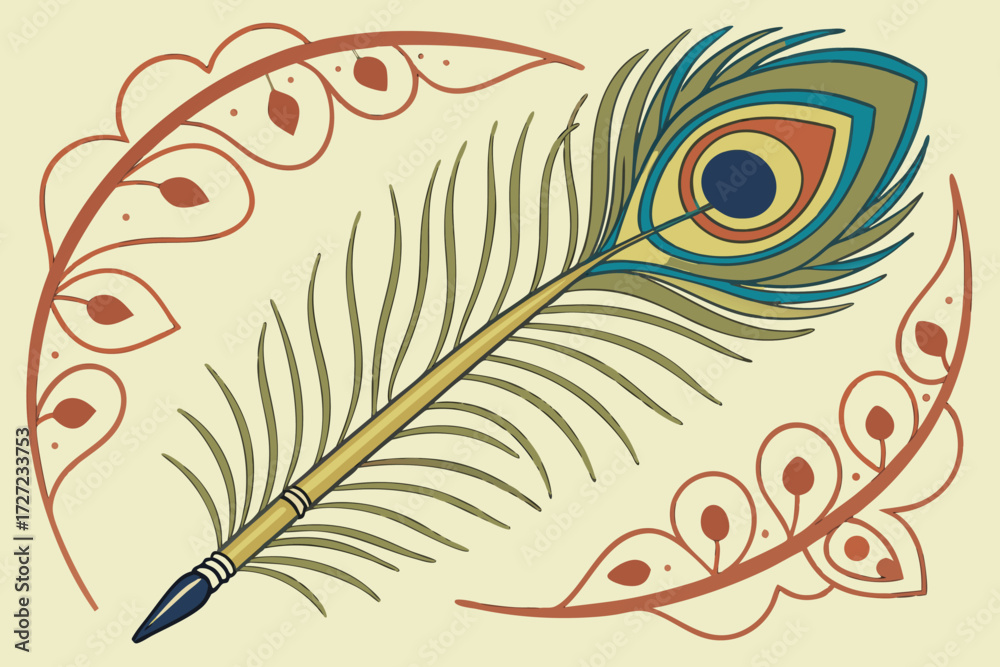 Obraz premium peacock feather, traditional indian fan, gold paint brush, calligraphy, traditional indian patterns, colorful, vibrant, intricate details, ornate, decorative