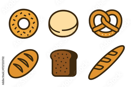 Delicious collection of fresh baked goods and bread varieties including bagels, pretzels, loaves, and sliced bread