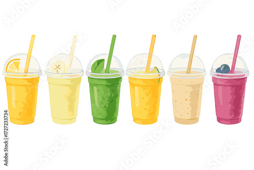 Assortment of vibrant fruit smoothies in clear plastic cups with straws and fresh garnishes, perfect for a healthy drink