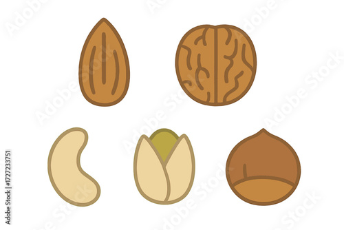 Assortment of various healthy snack nuts including almond, walnut, cashew, pistachio, and chestnut in a clean graphic style