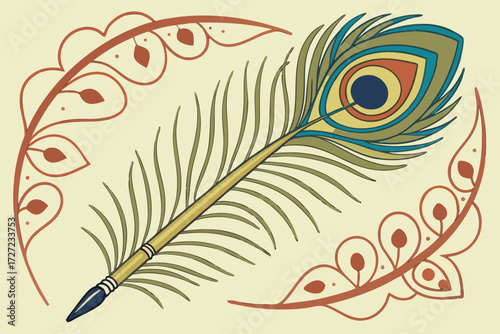  peacock feather, traditional indian fan, gold paint brush, calligraphy, traditional indian patterns, colorful, vibrant, intricate details, ornate, decorative