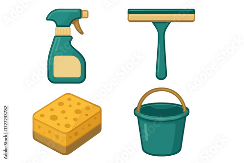 Household cleaning supplies set with spray bottle, squeegee, sponge, and bucket for domestic hygiene
