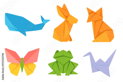 Vibrant collection of diverse origami animals featuring whale rabbit fox butterfly frog and crane paper craft